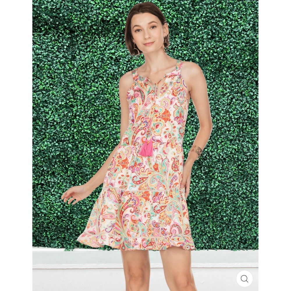 Joy Joy Paisley Tassel Tiered Mini Dress NWT Size L Boho Colorful Resort